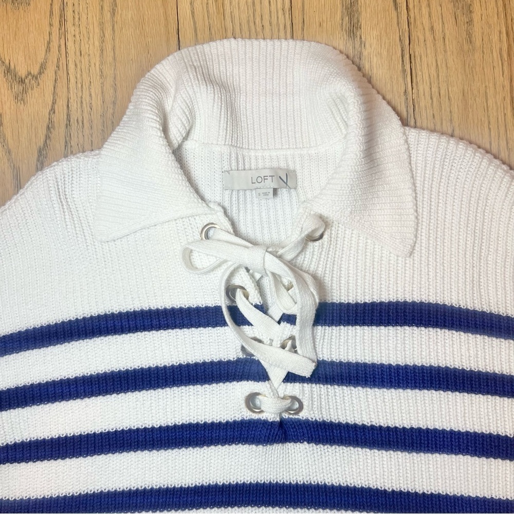 LOFT Striped Blue and White Lace Up Polo Sweater Size Small - Picture 3 of 12